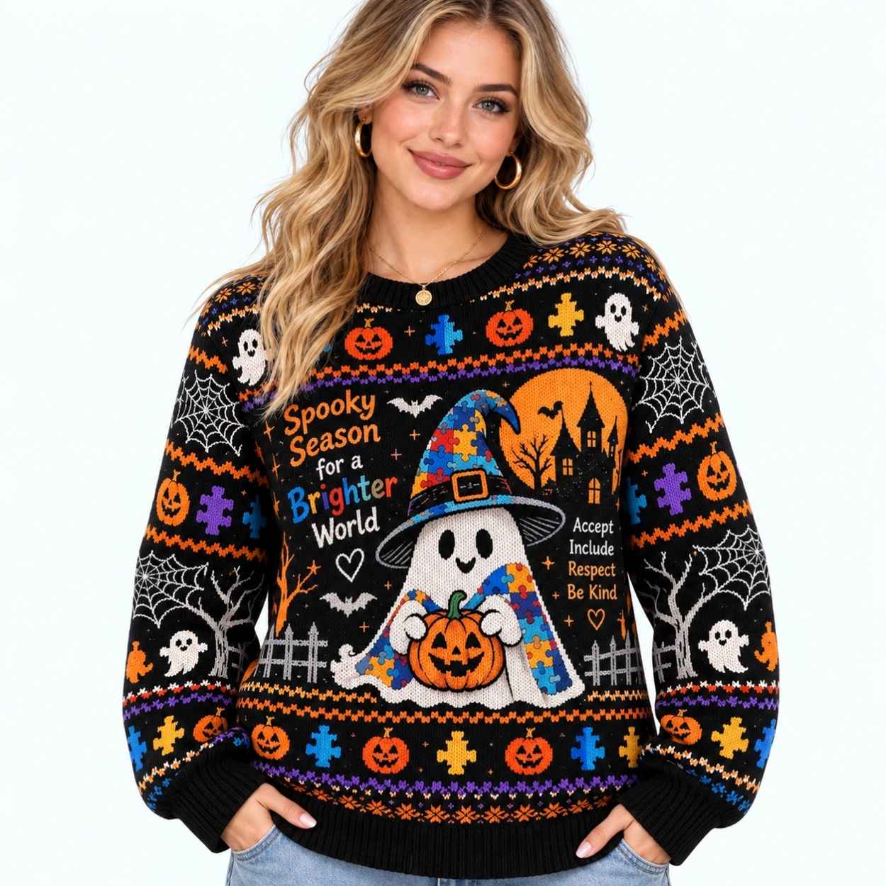 Spooky Season For A Brighter World Halloween Autism Awareness Sweater 3 Spooky Season For A Brighter World Halloween Autism Awareness Sweater 4